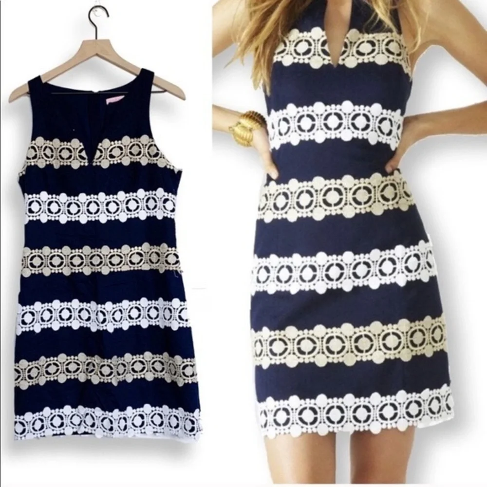 Lilly Pulitzer Navy & Gold Embroidered Lace Shift Dress Size 0 Excellent Cond. - Picture 3 of 16